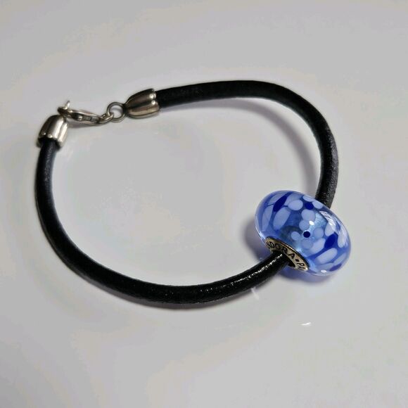 **Sale** Pandora Black Cord Bracelet W/ Large Blue Flowered Murano Glass Bead 7" - Picture 16 of 16